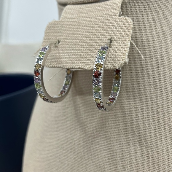 Vintage 925 Sterling Silver Multicolor Gemstone Hoop Earrings - Picture 6 of 16